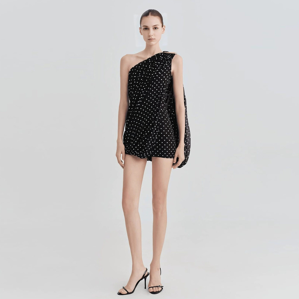 ZARA Summer French Retro Polka Dot One Shoulder Asymmetric Dress